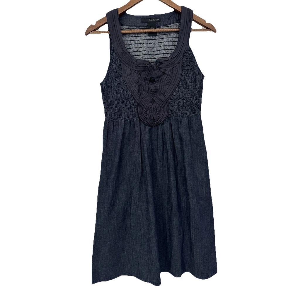Calvin Klein Jeans Dress Dark Navy Denim Smocked Boho Coastal Cottagecore Sheer